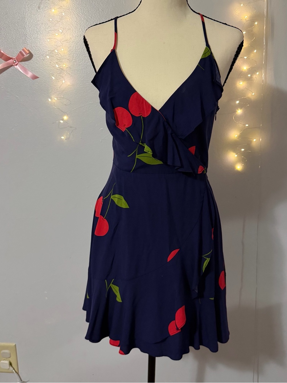Forever 21 Navy Wrap Mini Dress with Red Cherry Print